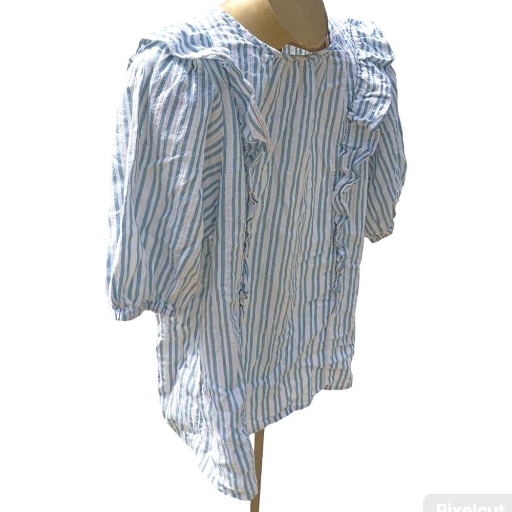 Universal Thread Cottagecore Blue White Stripe Ruffle Puff Sleeve Peasant Blouse - Picture 4 of 5